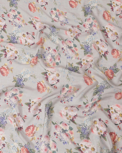 Harbor grey silk chiffon fabric with purple, olive green, beige and flamingo pink print in floral design-D6269