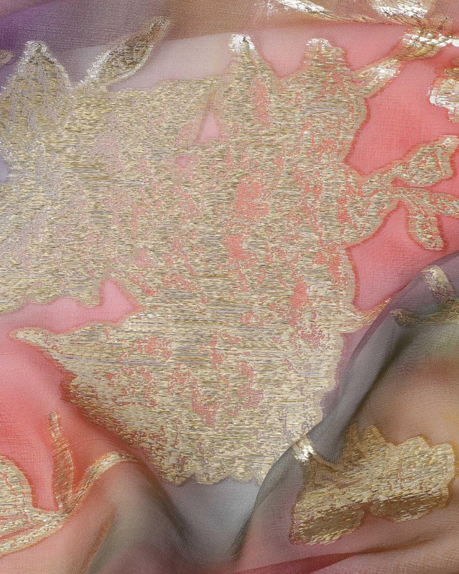 شيفون من الحرير الخالص متعدد الألوان مع لوريكس معدني ذهبي بتصميم الأزهار-D11380