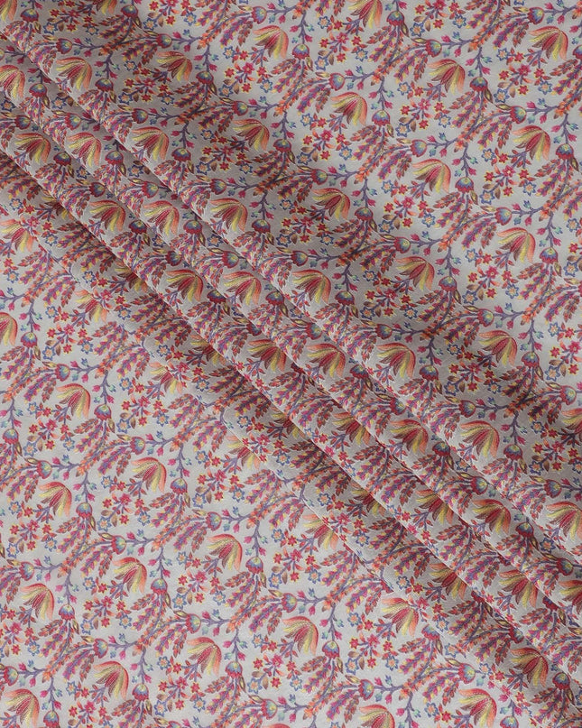 نسيج من الحرير القطني الممزوج باللون الرمادي السحابي مع تطريز متعدد الألوان بتصميم الأزهار-D15468