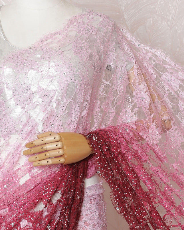 Light pink to maroon premium pure French chantilly lace saree having stone work in ombre design-D14899