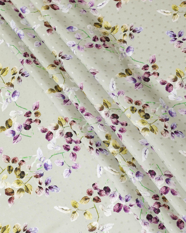 ساتان من الحرير الخالص الإيطالي الفاخر باللون الأخضر الغار مع جاكار منقط بنفس اللون مع طباعة متعددة الألوان بتصميم الأزهار-D9722