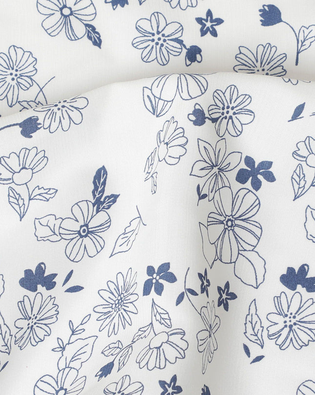 White premium cotton fabric with blue print in floral design-D13994
