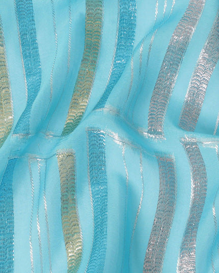 Baby blue Premium pure silk chiffon fabric with multicolor metallic lurex in abstract design-D13846