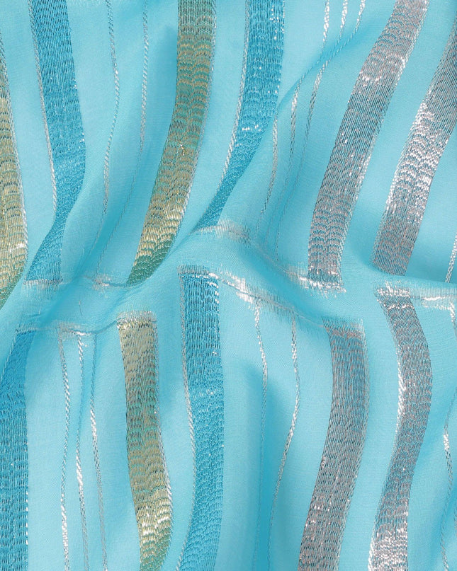 Baby blue Premium pure silk chiffon fabric with multicolor metallic lurex in abstract design-D13846