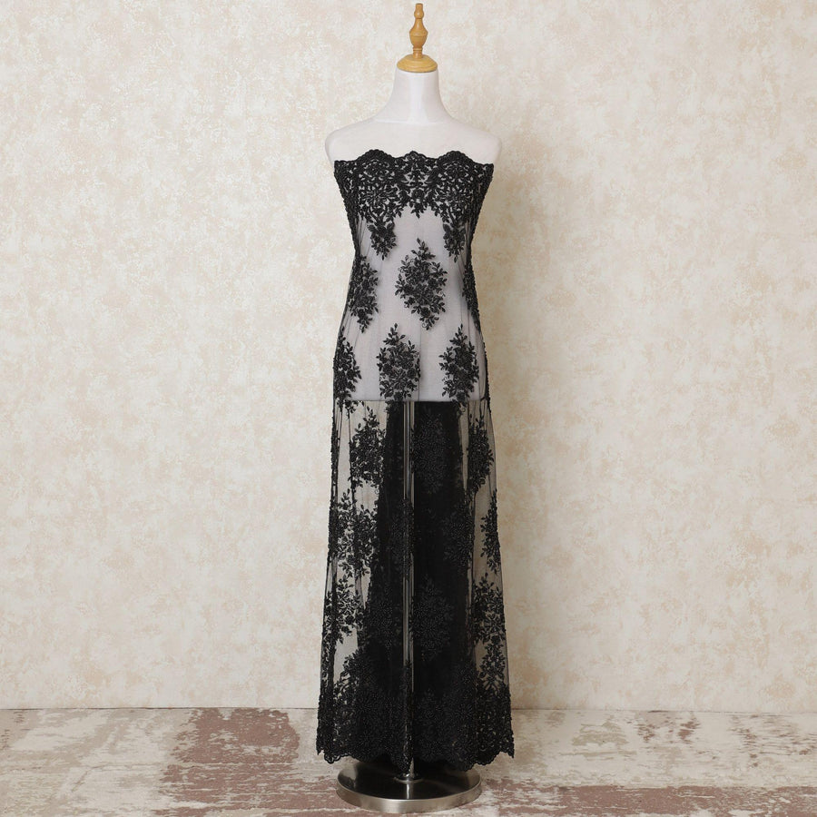 Black nylon tulle fabric with same tone embroidery and pearl work in floral design-D13917