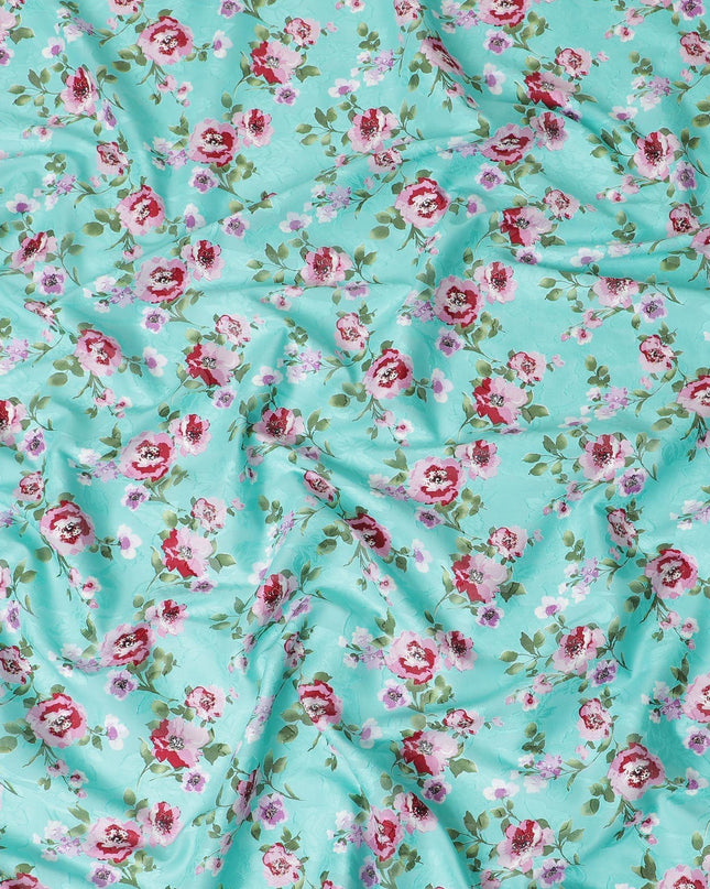 Turquoise green uragiri cotton voile fabric with same tone jacquard baby pink, olive green, beige and black print in floral design-D10573