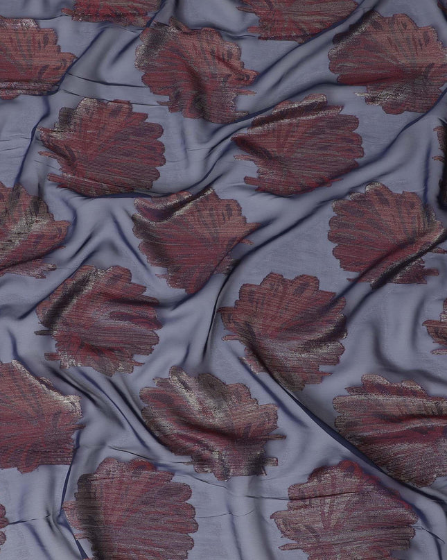 Navy blue synthetic chiffon fabric with crimson red viscose and gold metallic lurex in floral design-D11899 Regal Fabrics
