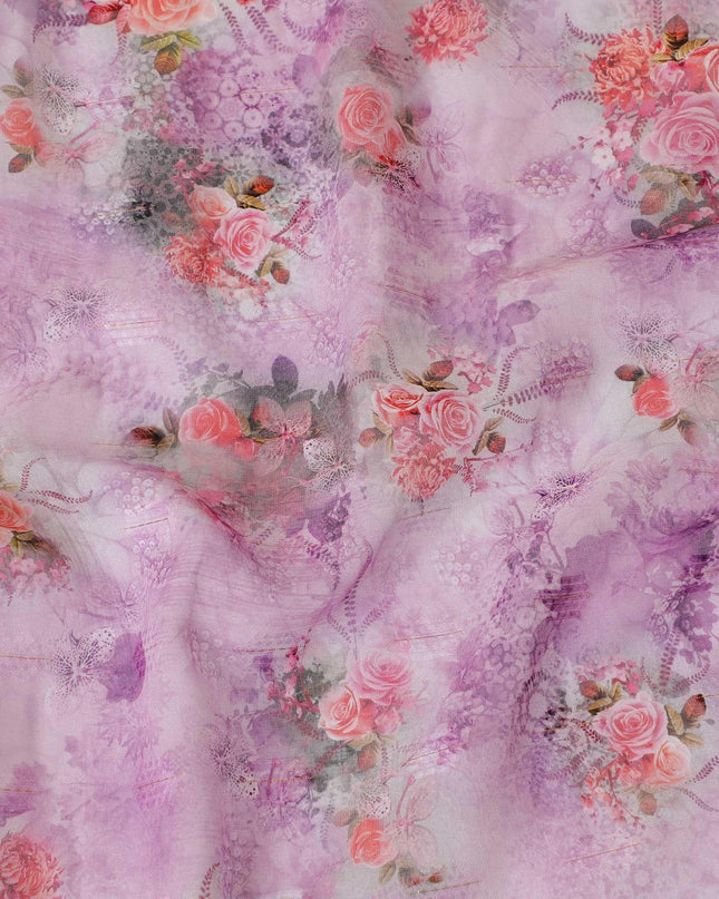 قماش الفوال القطني باللون الوردي الخزامي مع مشبك ذو طباعة متعددة الألوان بتصميم الأزهار-D9068