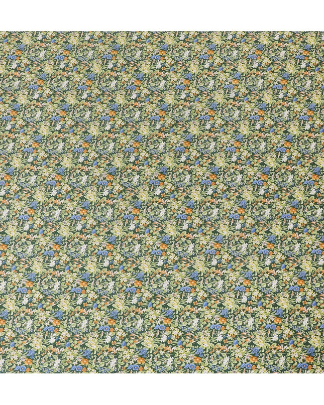Forest green cotton lawn fabric with multicolor print in floral design-D15226 Regal Fabrics