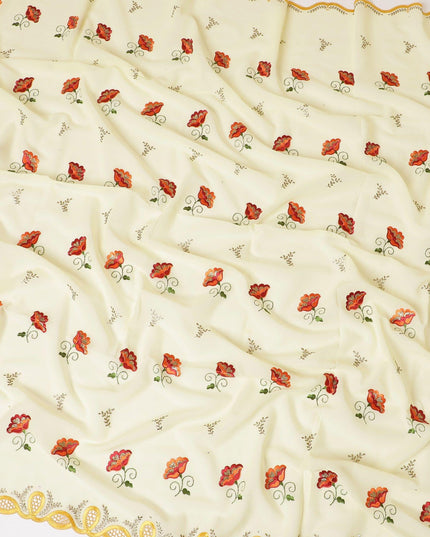 Blonde yellow Premium Swiss cotton voile (Thobe) fabric with beige, blaze orange, olive green, gold and crimson red embroidery having stone work in floral design-D7992