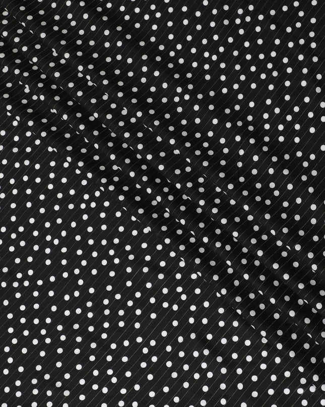 Black viscose crepe printed fabric with white prints and golden lurex in polka dot design-D11155