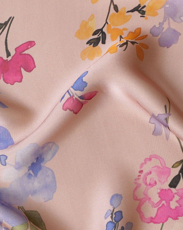 قماش شيفون من الحرير الخالص الفاخر باللون البيج اللاتيه مع طباعة متعددة الألوان بتصميم الأزهار-D14661