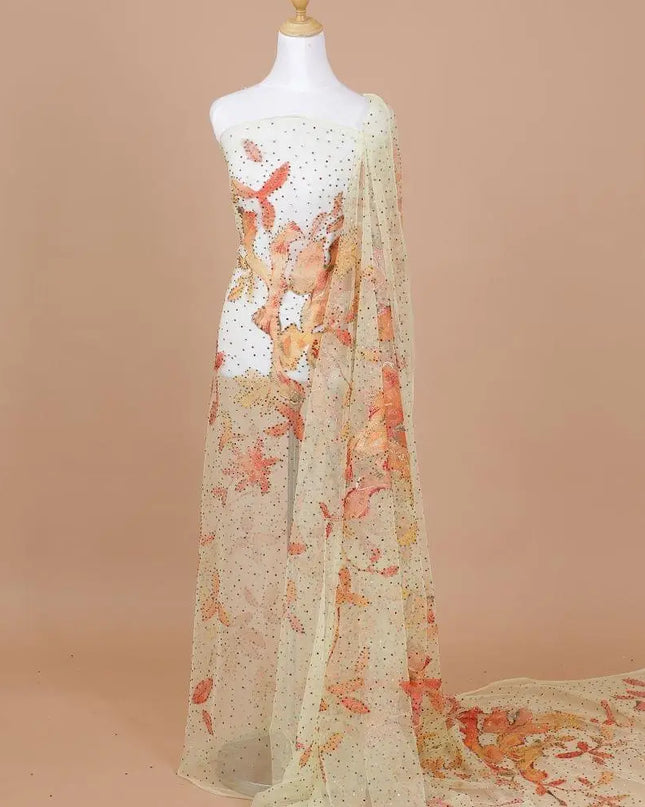 Sun flower yellow nylon tulle fabric with peach patch work having multicolor bead and stone work in leaf design-D9251 Regal Fabrics