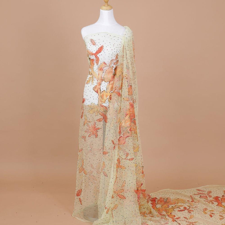 قماش تول نايلون أصفر على شكل زهرة الشمس مع رقعة خوخية بها خرز متعدد الألوان وأعمال حجرية بتصميم أوراق الشجر-D9251