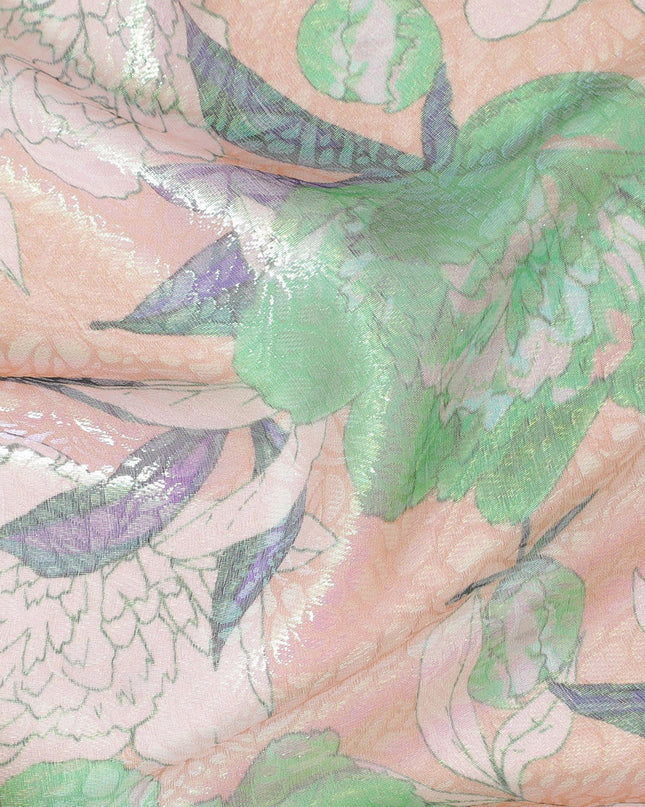 قماش من الشيفون الحريري الخالص الخوخي مع طباعة متعددة الألوان مع لوريكس معدني أخضر نيون بتصميم الأزهار-D14651