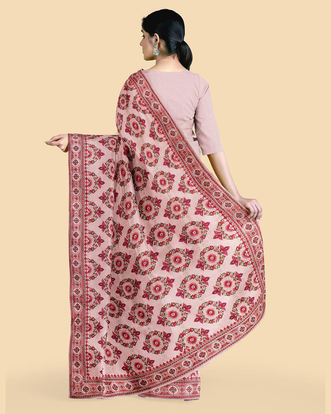 ساري جورجيت صناعي وردي اللون مع تطريز وأحجار متعددة الألوان بتصميم فاخر. قطعة بلوزة بنفس اللون-D12746