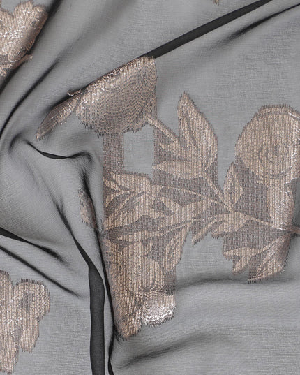 Black Premium pure French (Fransawi) silk chiffon fabric with copper metallic lurex in floral design-D9666