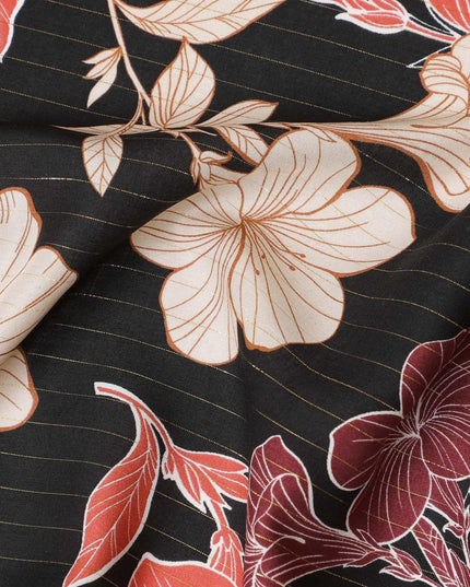 Black viscose crepe printed fabric with multi colour prints and metallic lurex in floral design-D11162