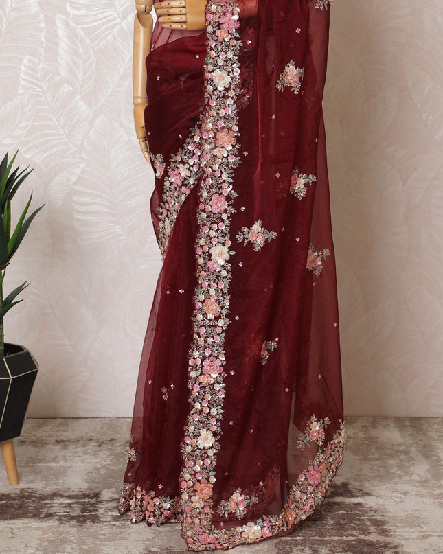 Marron Premium silk organza saree with multicolor embroidery having gold bead work, applique work and sequin work in floral design-D15594