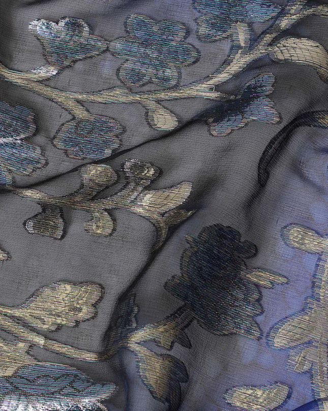 Blue Premium pure silk chiffon fabric with gold metallic lurex in floral design-D12536