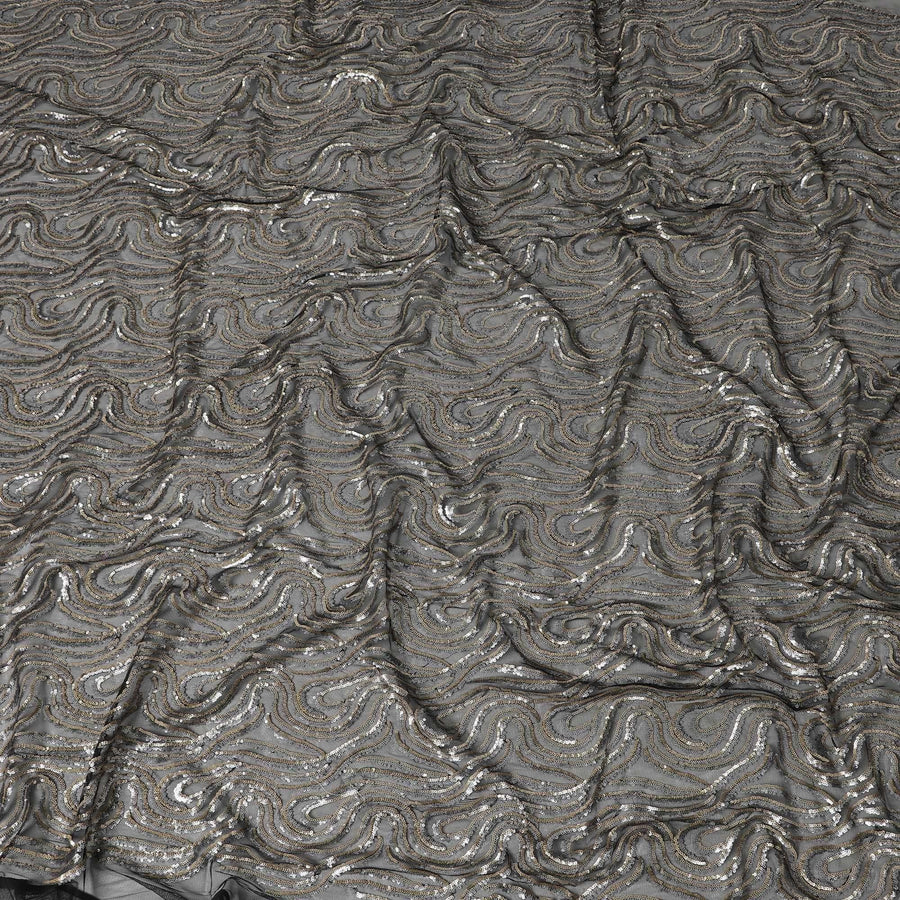 Black nylon tulle fabric with gold & silver sequins in fancy design