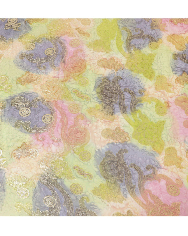 قماش شيفون حريري فرنسي (فرنساوي) فاخر متعدد الألوان مع لوركس معدني ذهبي بتصميم زهور-D14122