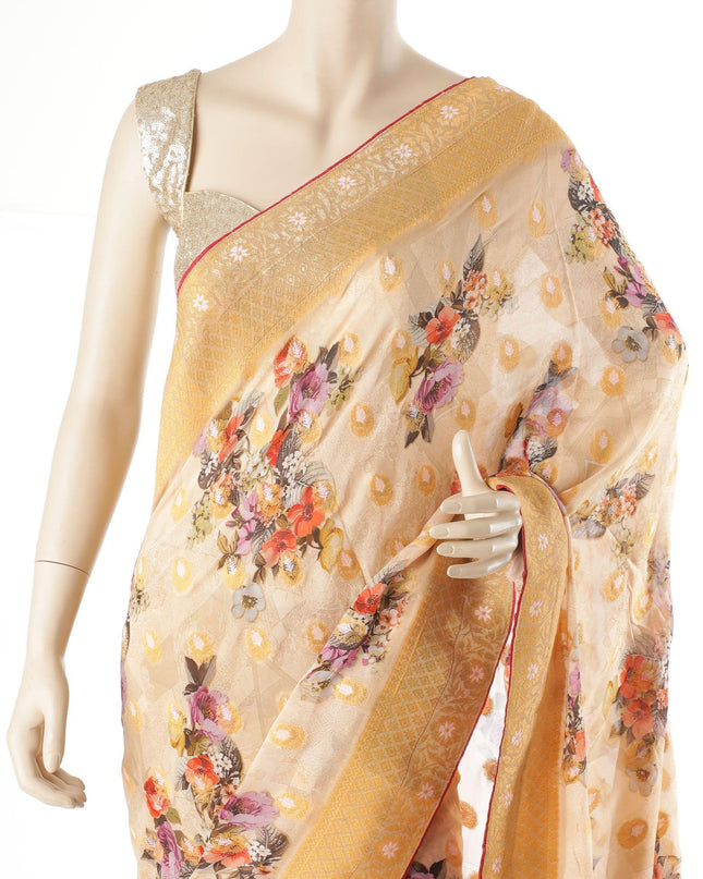 Sepia beige blended synthetic chiffon saree with multicolor embroidery in fancy design having mustard and baby pink embroidery
