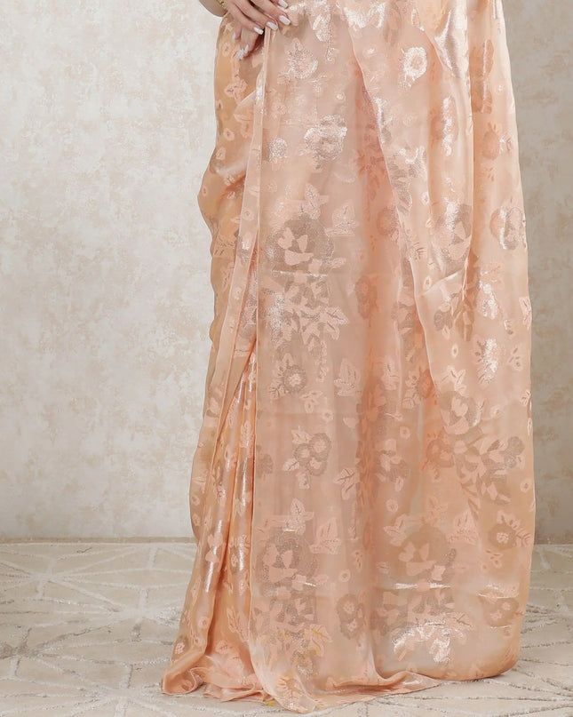Salmon peach Premium French silk chiffon saree with same tone viscose and gold metallic lurex in floral design-D10202 Regal Fabrics