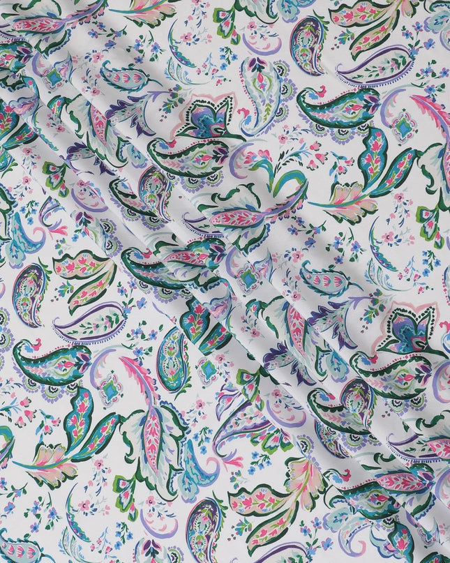 Off white synthetic crepe fabric with multicolor print in floral design-D15030 Regal Fabrics