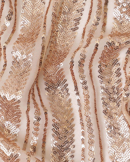 Light peach wrinkle chiffon fabric with gold sequins embroidered in stripe design-D12511