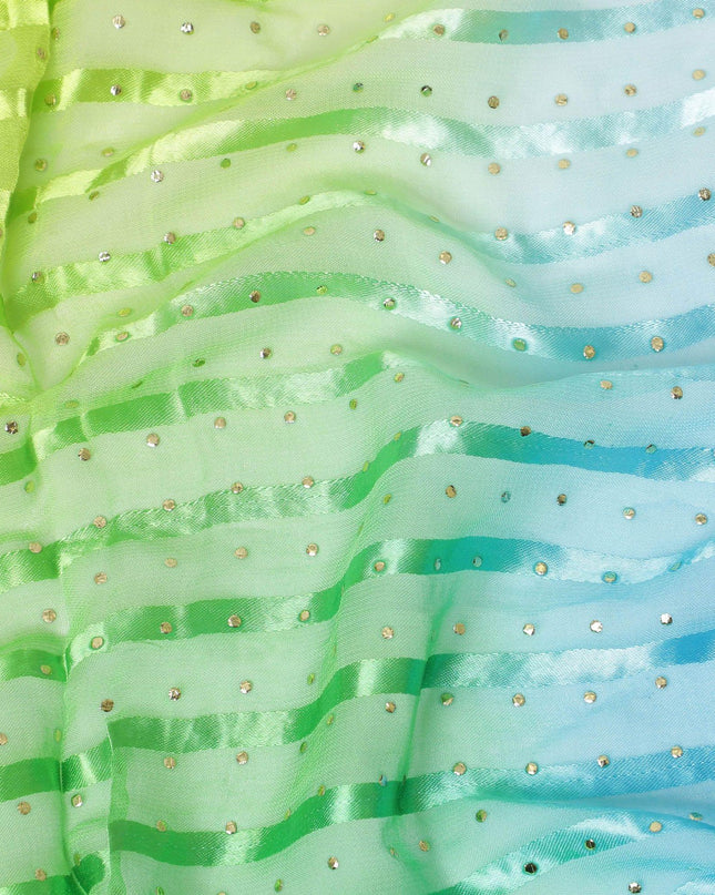 Multicolor synthetic chiffon fabric with gold stripe having same tone metallic dot foil in stripe design-D13648 Regal Fabrics