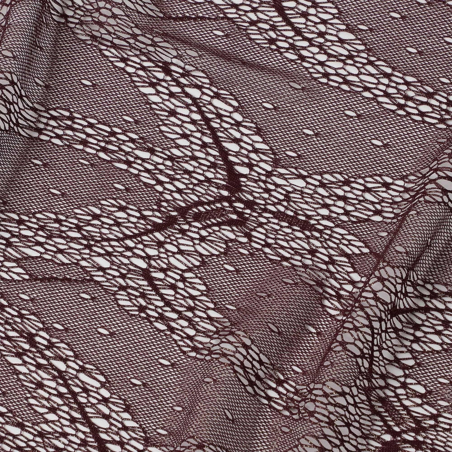 Mulberry red and gold metallic lace fabric in abstract design