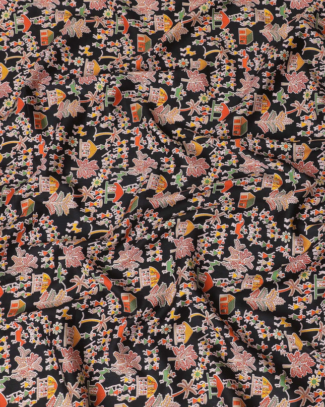 Black cotton voile fabric with multicolor print in fancy design-D15417