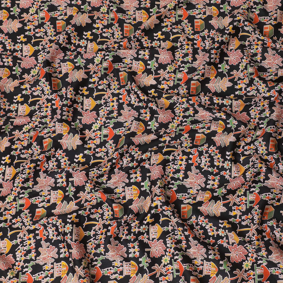 Black cotton voile fabric with multicolor print in fancy design-D15417