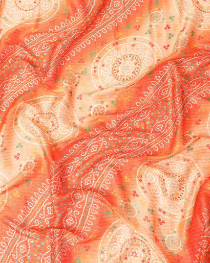 Dark Orange synthetic chiffon fabric with same tone embroidery stripe having multicolor print and sequins in geometric design-D9756