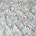 Sea blue Premium pure silk chiffon fabric with multicolor print having neon green metallic lurex in floral design-D15463