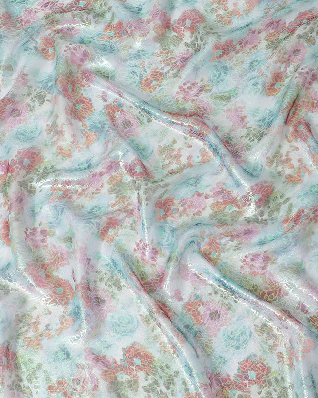 قماش شيفون من الحرير الخالص باللون الأزرق البحري مع طباعة متعددة الألوان مع لوريكس معدني أخضر نيون بتصميم زهور-D15463