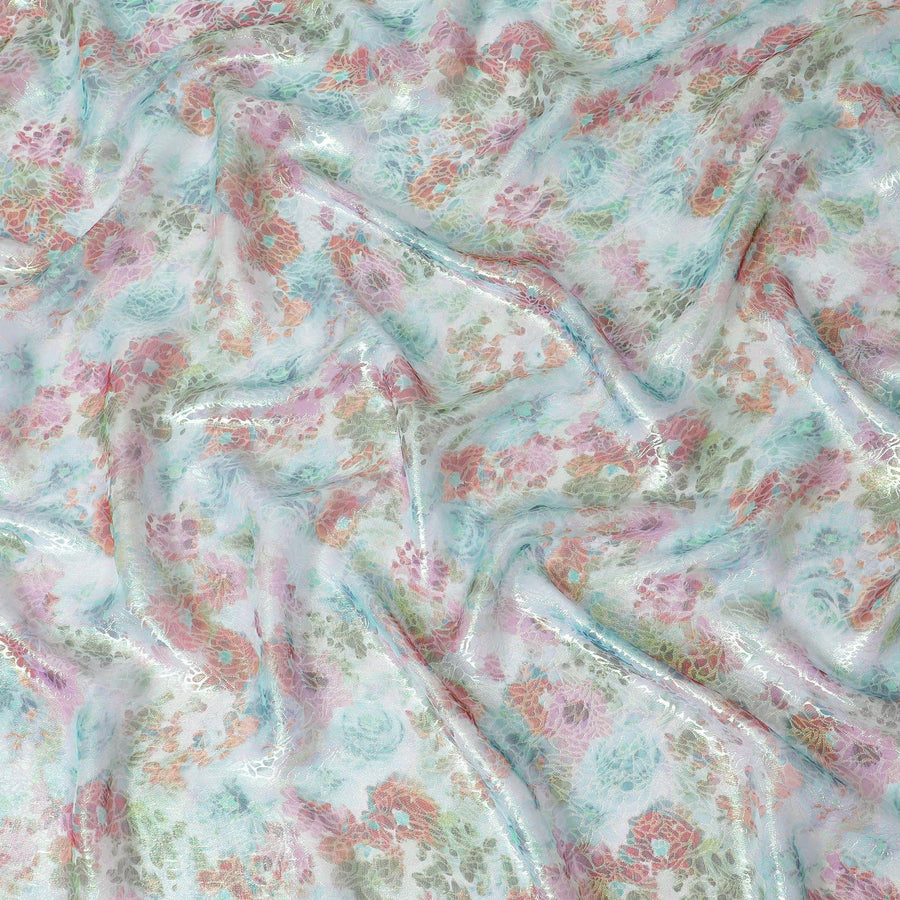 Sea blue Premium pure silk chiffon fabric with multicolor print having neon green metallic lurex in floral design-D15463