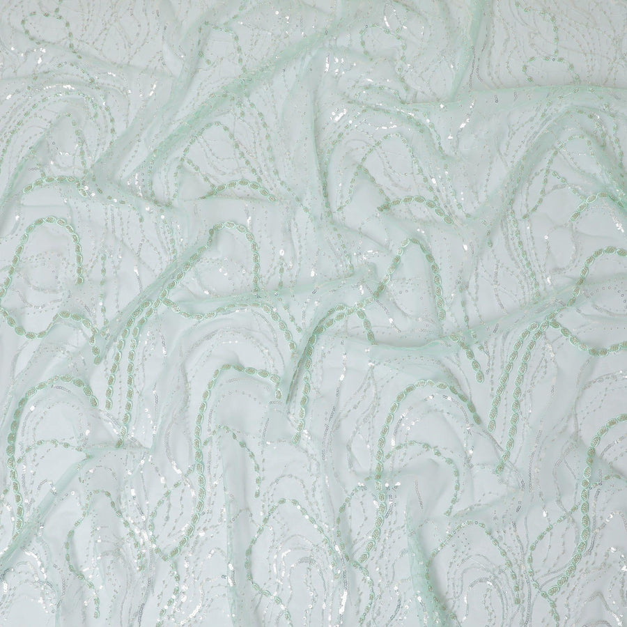 Light mint green nylon tulle fabric with same tone embroidery, sequins and bead work in fancy design-D13970