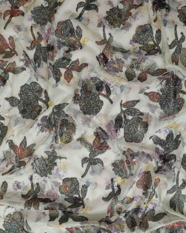 قماش شيفون من الحرير الخالص الفاخر باللون الأخضر الغار مع طباعة متعددة الألوان ولوريكس معدني بتصميم زهور-D13238