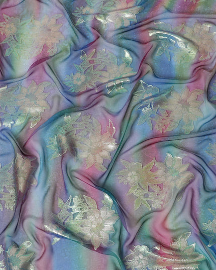 قماش شيفون حريري خالص مطبوع متعدد الألوان مع لوركس معدني ذهبي وفضي بتصميم زهور-D12423