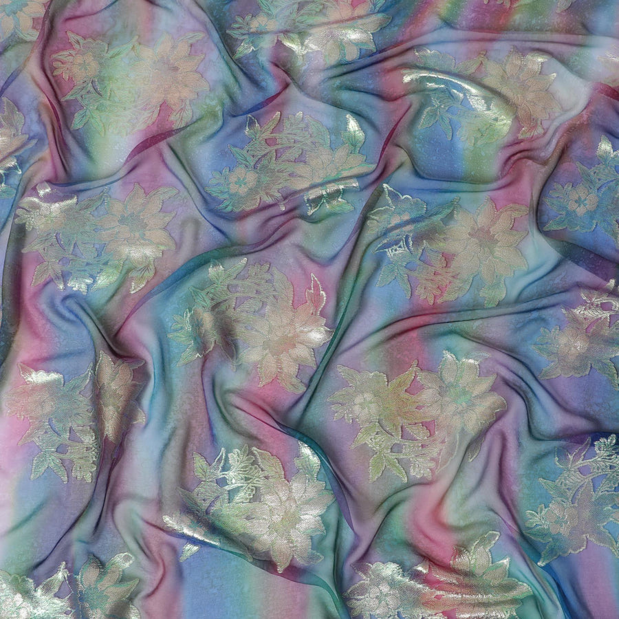قماش شيفون حريري خالص مطبوع متعدد الألوان مع لوركس معدني ذهبي وفضي بتصميم زهور-D12423