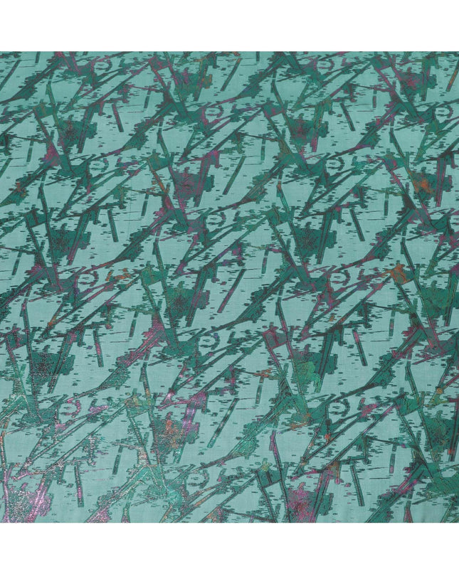 قماش من الشيفون الحريري الخالص الفاخر باللون الأخضر الزجاجي مع لوريكس معدني متعدد الألوان بتصميم تجريدي -D9657