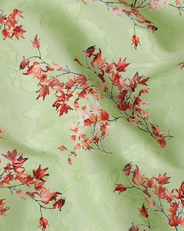 Lime green uragiri cotton voile fabric with same tone jacquard having barn red and black print in floral design-D14325