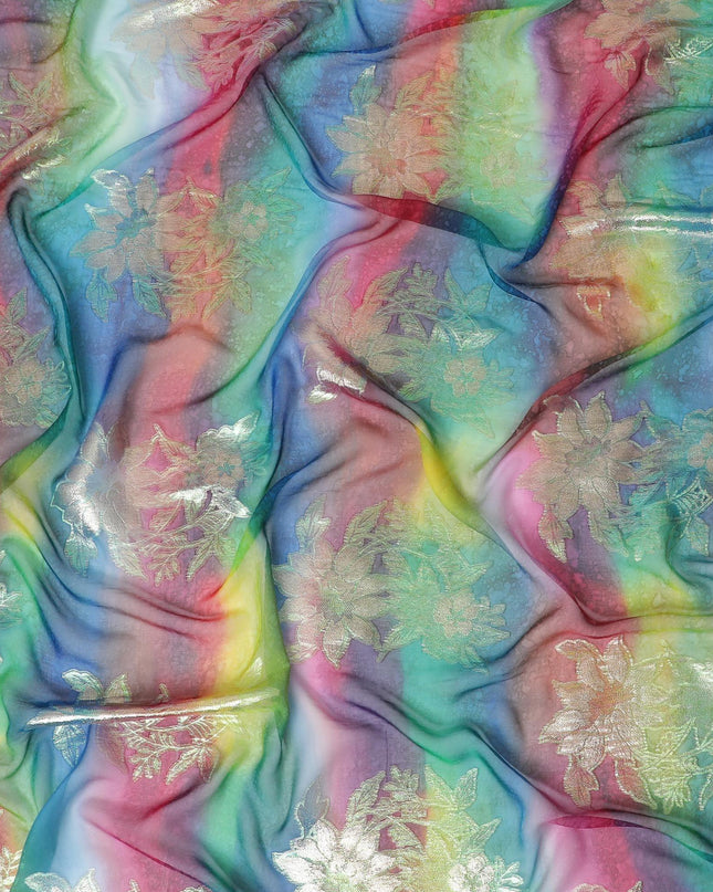 قماش شيفون حريري خالص مطبوع متعدد الألوان مع لوركس معدني ذهبي وفضي بتصميم زهور-D12421