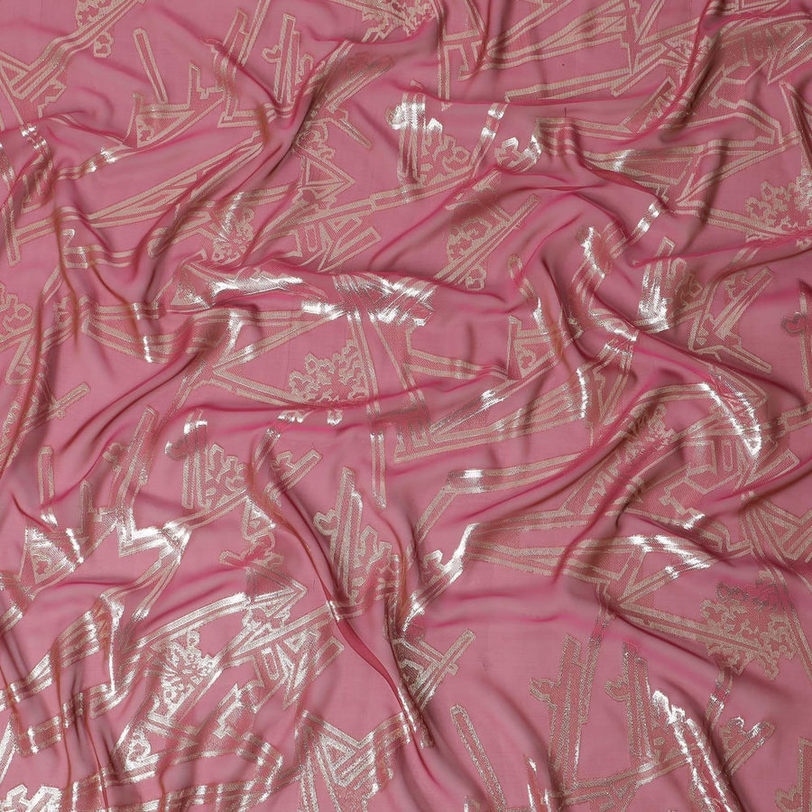 قماش شيفون من الحرير الخالص الفاخر باللون الوردي الكرزي مع لوريكس معدني ذهبي بتصميم تجريدي -D13843