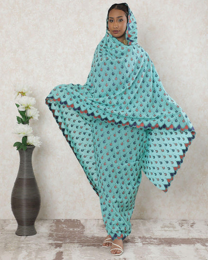 Electric blue Premium pure Swiss cotton voile thobe with jade green, brick red, navy blue embroidery having stone work in geometric design-D14338 Regal Fabrics