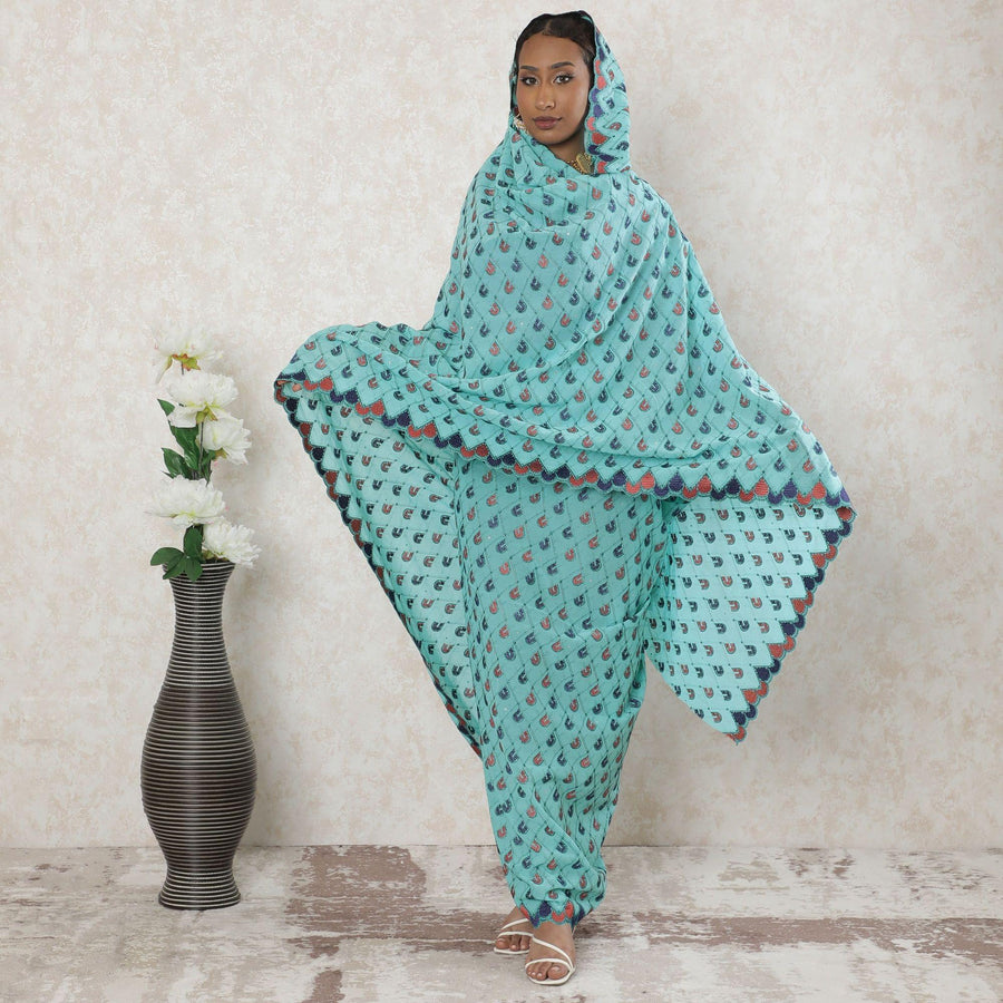 Electric blue Premium pure Swiss cotton voile thobe with jade green, brick red, navy blue embroidery having stone work in geometric design-D14338 Regal Fabrics