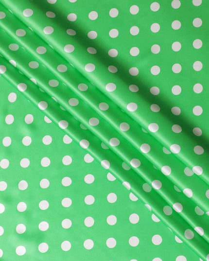 قماش ساتان حرير نقي أخضر ببغاء مع نقاط بيضاء بتصميم منقط-D11040