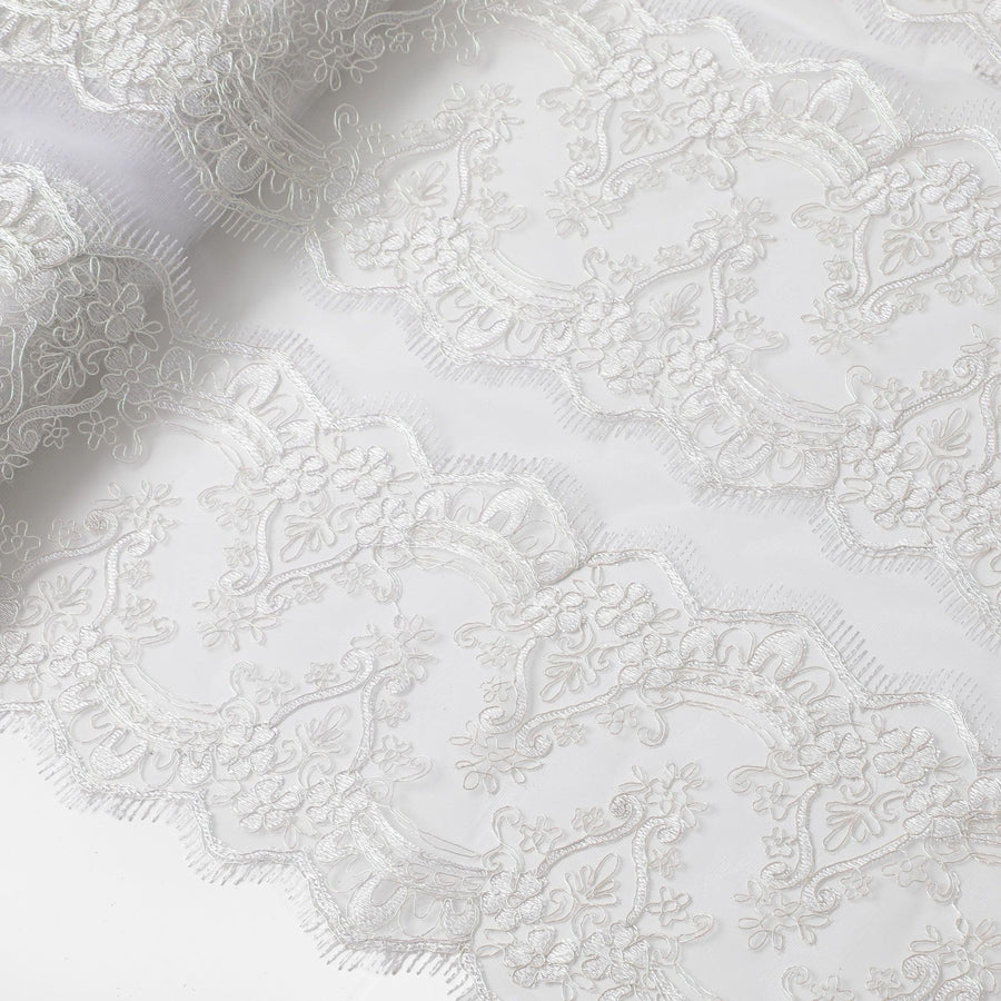 Pearl white nylon tulle fabric with embroidery and clip cord in floral design